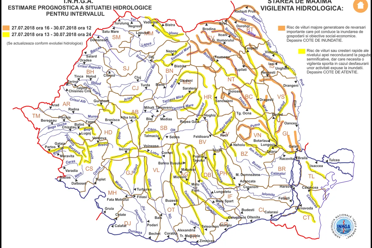 Codul portocaliu de inundații, prelungit până luni la amiază în județul Suceava