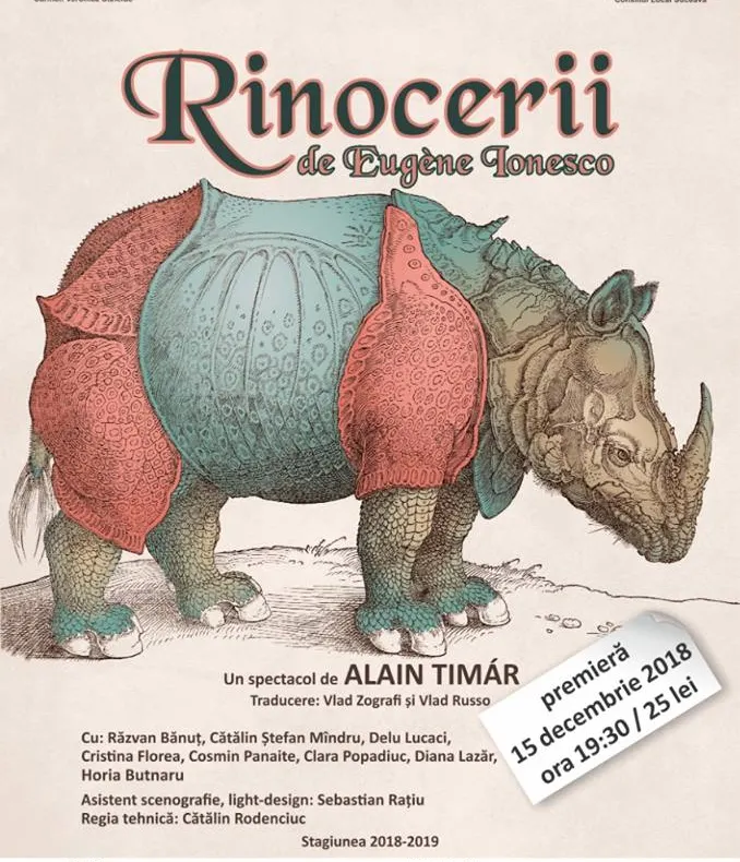 Premiera spectacolului Rinocerii, sâmbătă, la Teatrul „Matei Vișniec” Suceava