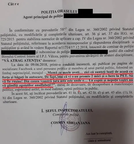 Polițist din Vâlcea “atenționat” de superiori după ce a comentat pe pagina de Facebook a unui politician FOTO