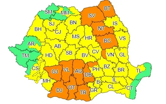 Cod portocaliu de ploi torențiale pentru județul Suceava