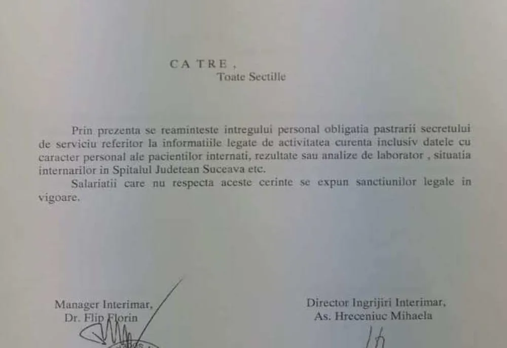 Cadrele medicale de la Spitalul Județean Suceava atenționate cu privire la obligativitatea păstrării secretului de serviciu