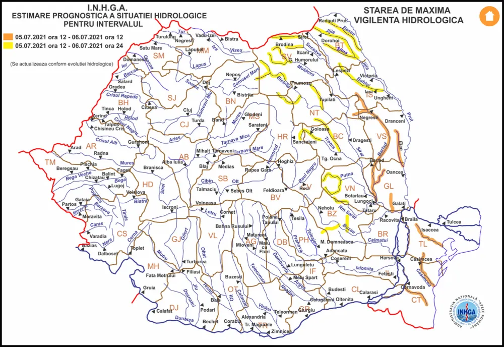 Risc de inundații în bazinele hidrografice ale Siretului și Prutului 