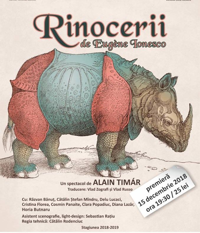 Premiera spectacolului Rinocerii, sâmbătă, la Teatrul „Matei Vișniec” Suceava