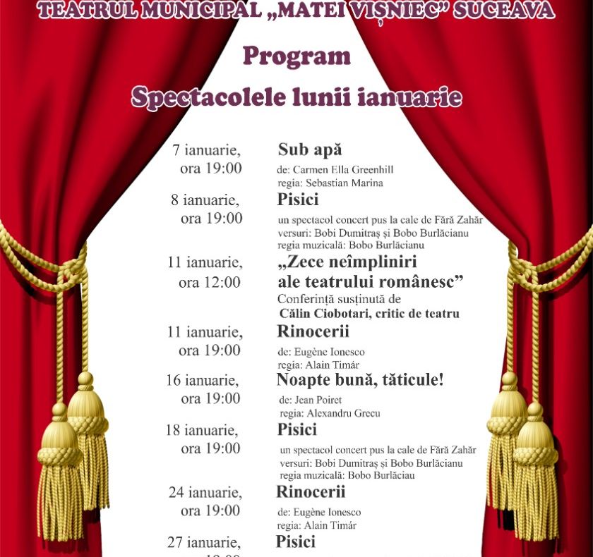 Programul spectacolelor lunii ianuarie la Teatrul Municipal „Matei Vișniec” Suceava