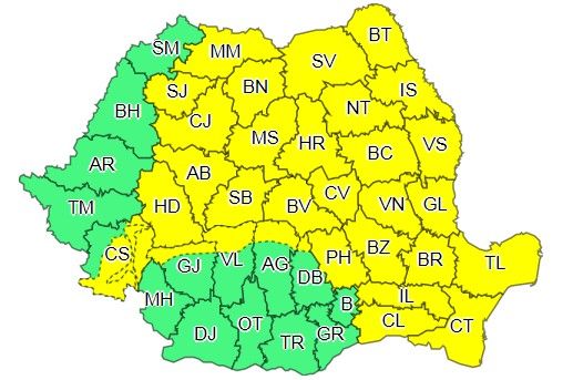 Cod galben de ploi torențiale, vijelii și grindină