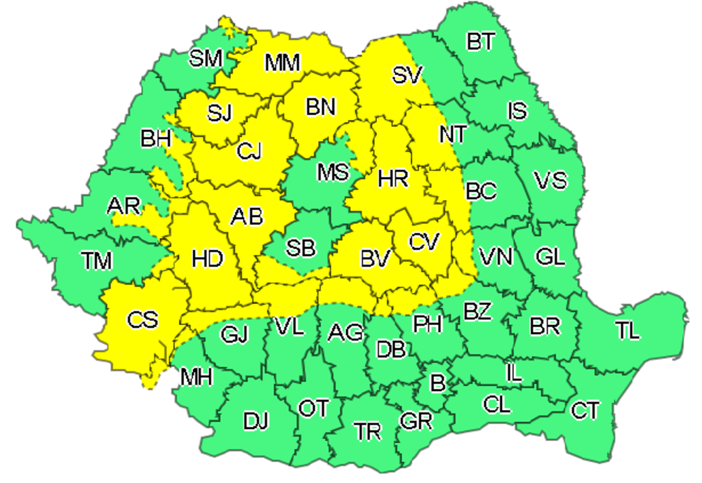Cod galben de vânt, ploi și ninsori în zona de munte a județului Suceava