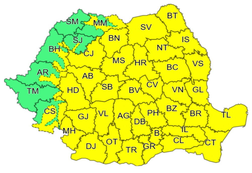 Cod galben de ploi și vijelii în aproape toată țara