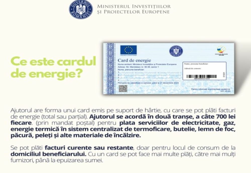 Carduri de energie: 1.400 de lei sprijin din bani europeni pentru plata facturilor la energie pentru persoanele vulnerabile
