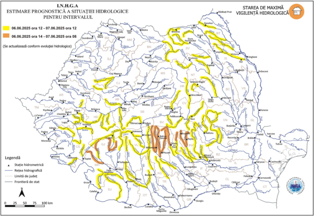 AVERTIZĂRI DE INUNDAȚII EMISE DE INGHA PENTRU MAI MULTE JUDEȚE DIN ȚARĂ
