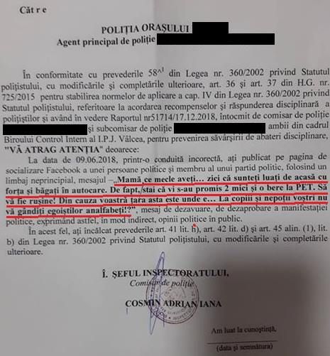 polițist Vâlcea atenționat de superiori