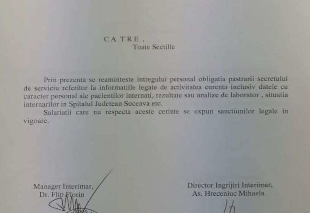 Cadrele medicale de la Spitalul Județean Suceava atenționate despre obligativitatea păstrării secretului de serviciu