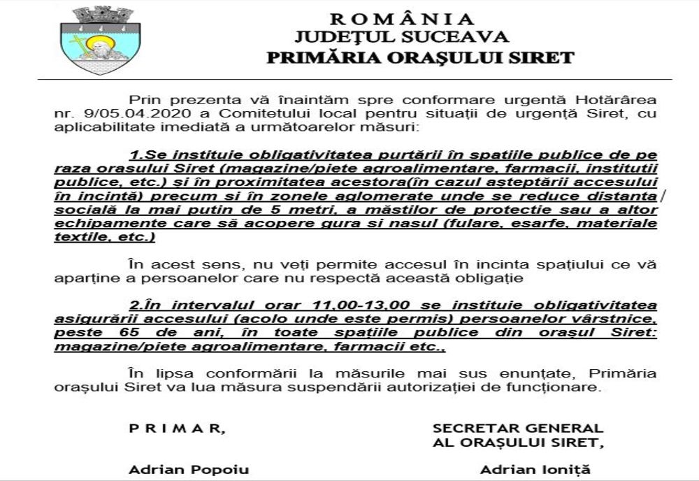 Siret, primul oraș din județul Suceava unde purtarea măștii de protecție este obligatorie