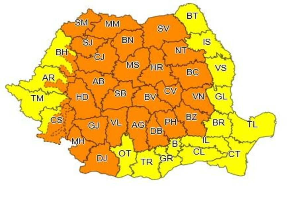 Alertă meteo de fenomene EXTREME: cod PORTOCALIU de furtuni și grindină