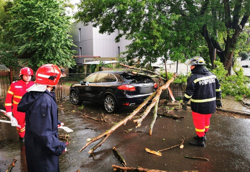 Autoturism avariat din cauza unor crengi rupte de vântul puternic