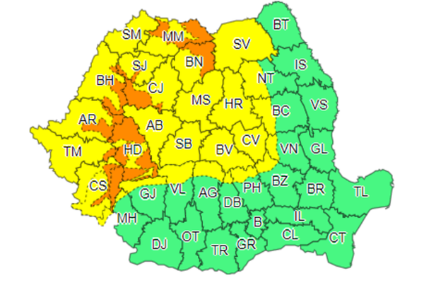 Cod galben de vânt și ninsori în județul Suceava