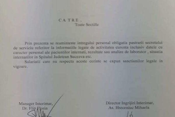 Cadrele medicale de la Spitalul Județean Suceava atenționate cu privire la obligativitatea păstrării secretului de serviciu