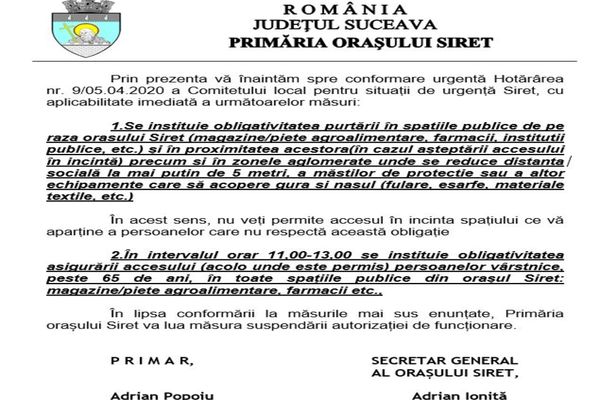 Siret, primul oraș din județul Suceava unde purtarea măștii de protecție este obligatorie