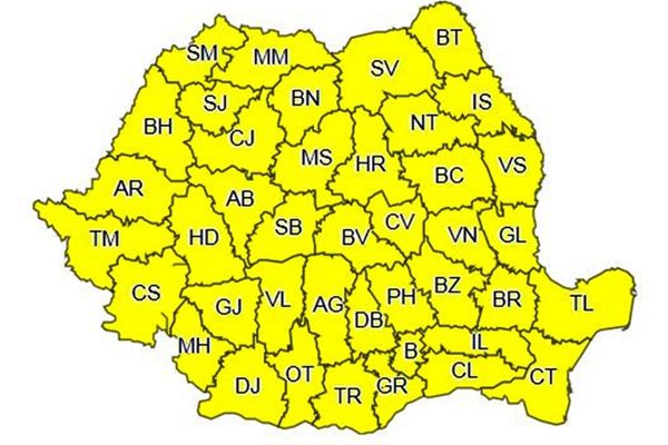 Cod galben de ploi torențiale, grindină și vijelii pentru toată țara