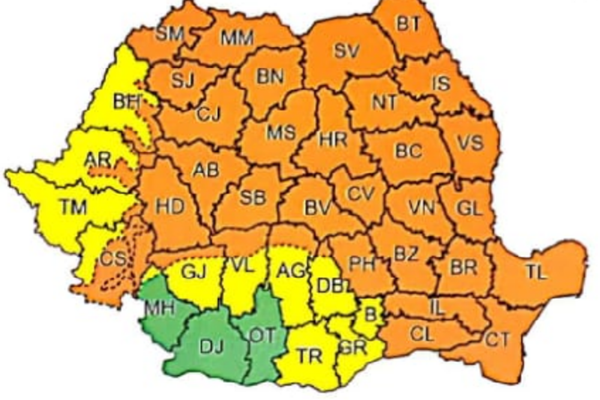 Cod portocaliu de ploi torențiale, descărcări electrice și vijelii