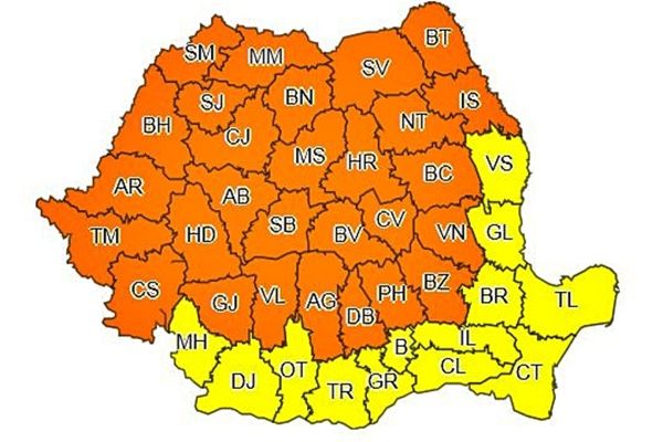 Cod portocaliu de ploi torențiale pentru județul Suceava