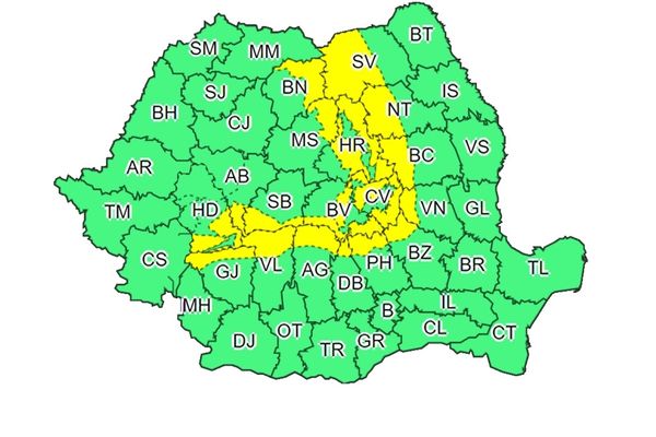 Cod galben de vreme rea, valabil până luni în mai multe județe