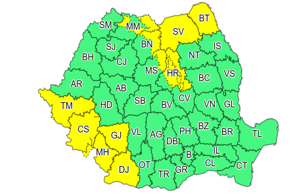 COD GALBEN de instabilitate atmosferică, pentru 11 județe din țară