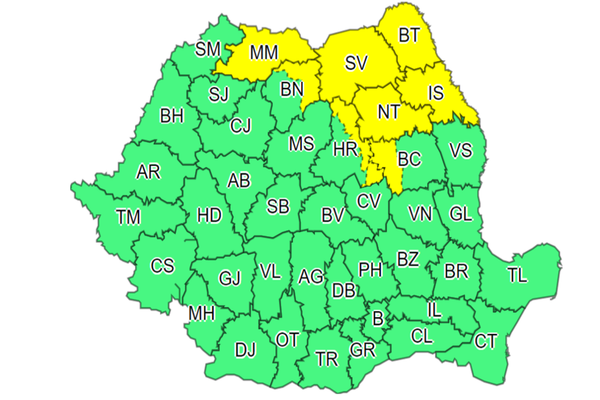 COD GALBEN de furtuni în 8 județe din țară