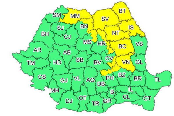 Avertizare COD GALBEN de instabilitate atmosferică accentuată pentru 13 județe din țară