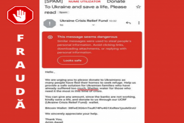 ALERTĂ: Tentativă de fraudă cu donații false pentru cauza Ucrainei propagată prin e-mail