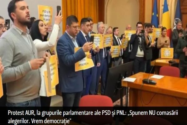 Protest AUR, la grupurile parlamentare ale PSD și PNL: „Spunem NU comasării alegerilor. Vrem democrație”