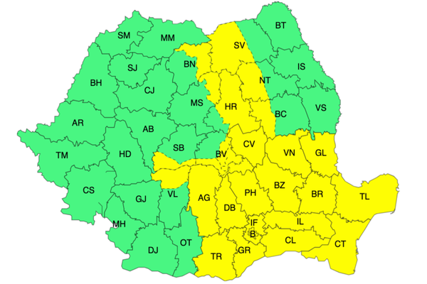 ANM: Cod galben de instabilitate atmosferică în mai multe județe din țară
