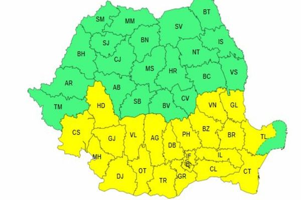 ANM: COD GALBEN DE PLOI ȘI FURTUNI, ÎN BUCUREȘTI ȘI ÎN 21 DE JUDEȚE